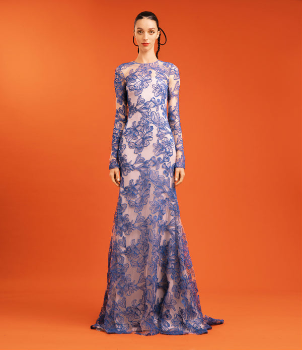 naeem khan BOTANICAL JEWEL NECK GOWN
