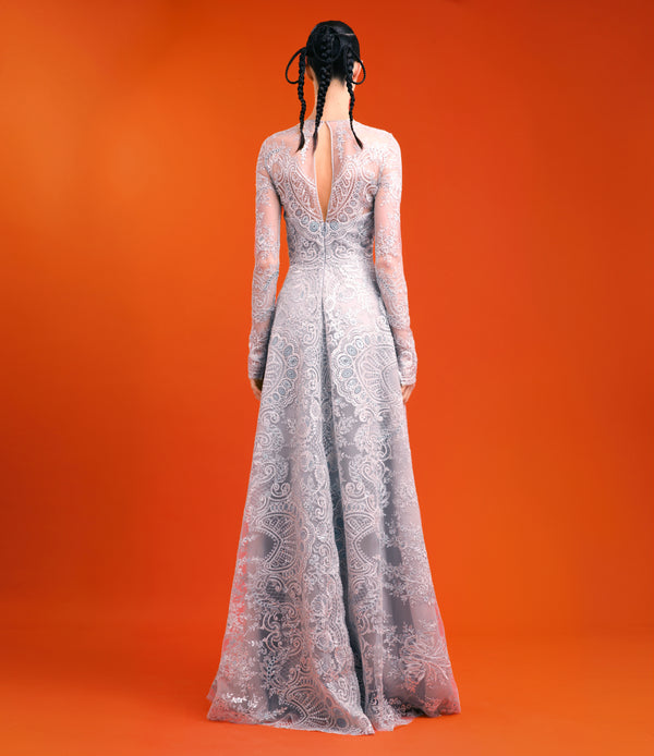 Naeem Khan CHANDELIER LACE LONG SLEEVE GOWN