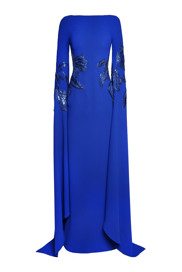 Naeem Khan CREPE BOAT NECK CASCADING SLEEVE GOWN