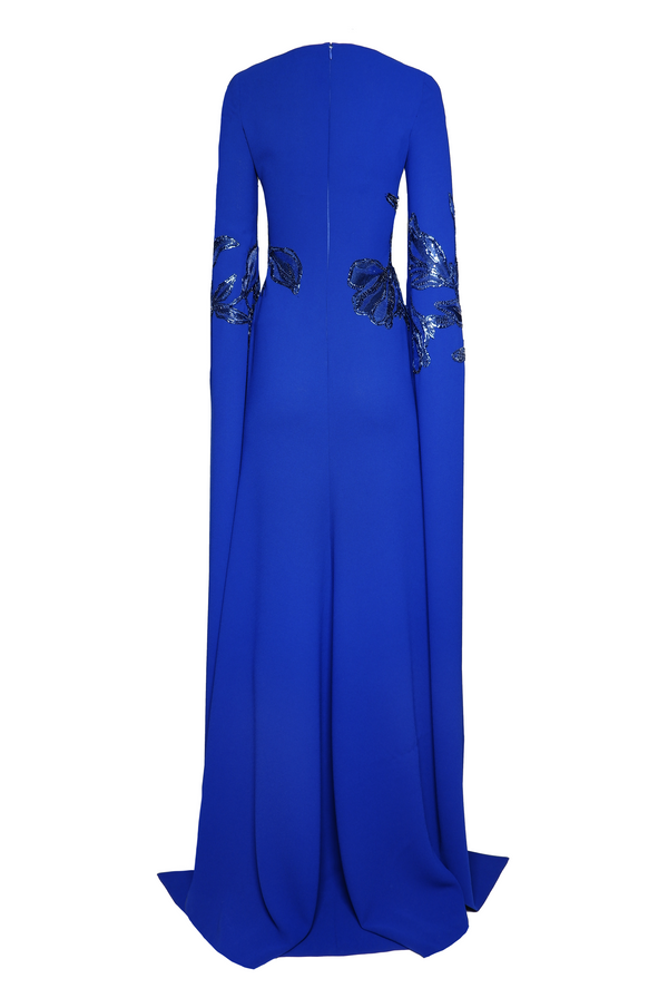 Naeem Khan CREPE BOAT NECK CASCADING SLEEVE GOWN