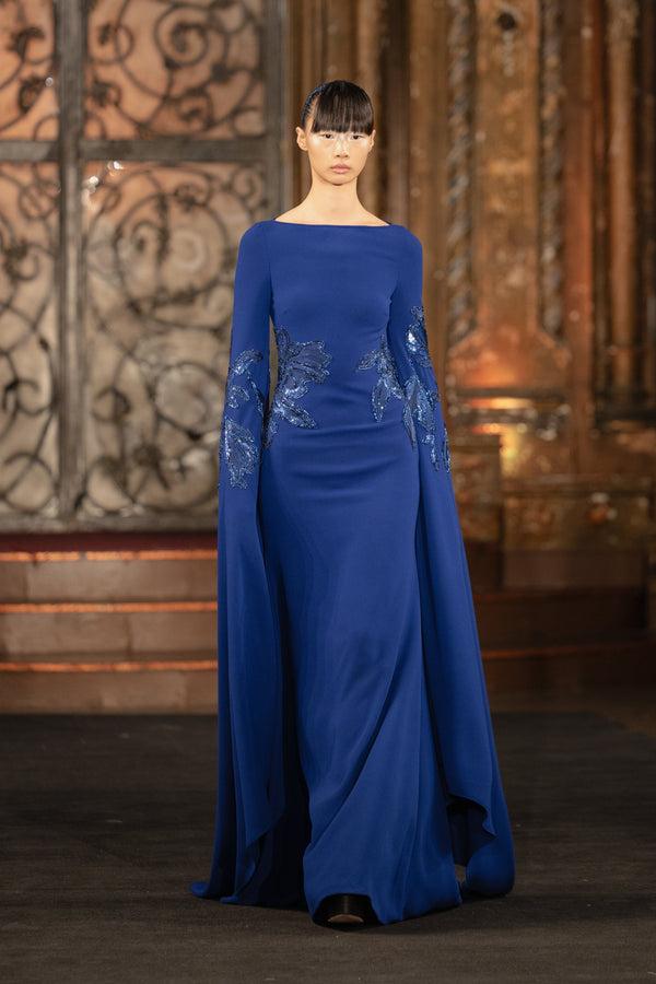 Naeem Khan CREPE BOAT NECK CASCADING SLEEVE GOWN