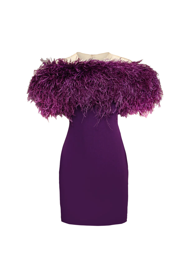Naeem Khan CREPE DRESS WITH FEATHER DETAIL