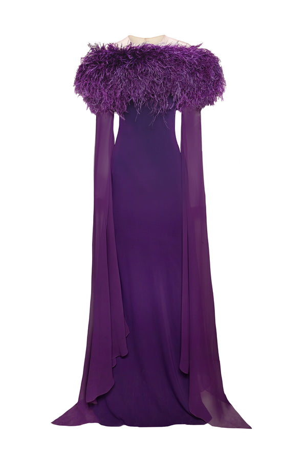 Naeem Khan CREPE GOWN WITH FEATHER DETAIL