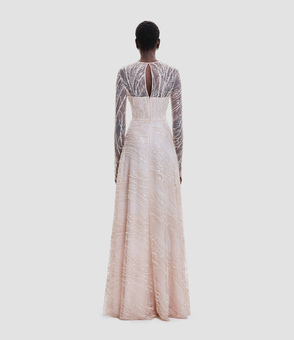 Naeem Khan EMBELLISHED GOWN WITH LONG SLEEVES