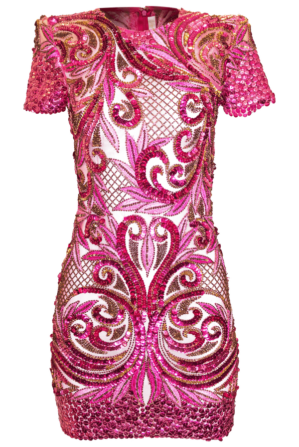 Naeem Khan EMBELLISHED SHORT SLEEVE COCKTAIL DRESS