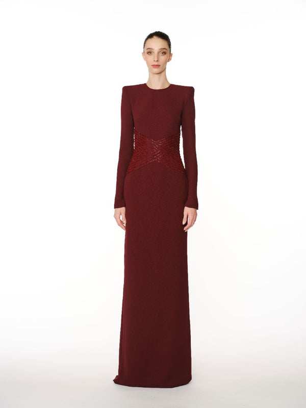 Naeem Khan EMBELLISHED WAIST LONG SLEEVE GOWN