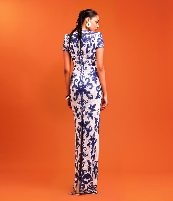 Naeem Khan EMBROIDERED CAP SLEEVE GOWN