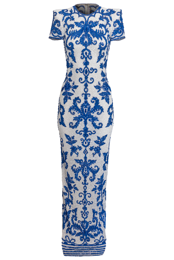Naeem Khan EMBROIDERED CAP SLEEVE GOWN