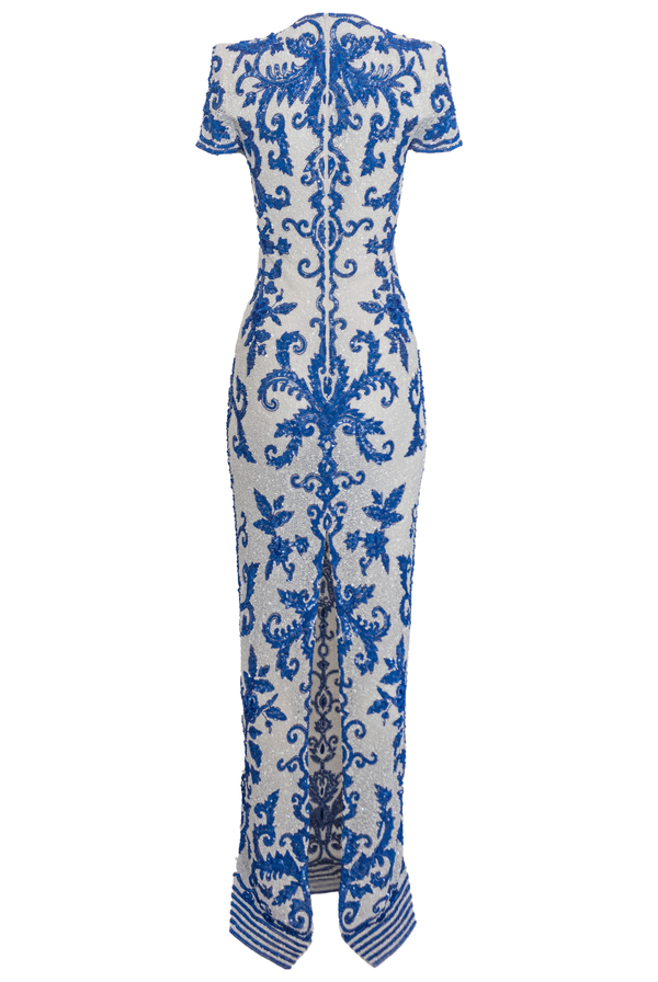 Naeem Khan EMBROIDERED CAP SLEEVE GOWN