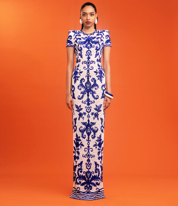 naeem khan EMBROIDERED CAP SLEEVE GOWN