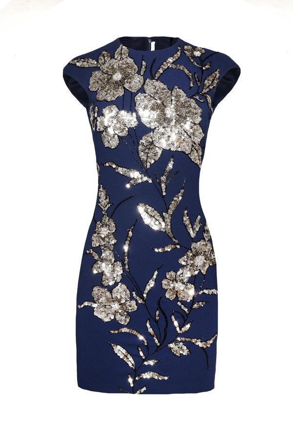 Naeem Khan EMBROIDERED JEWEL NECK CAP SLEEVE DRESS