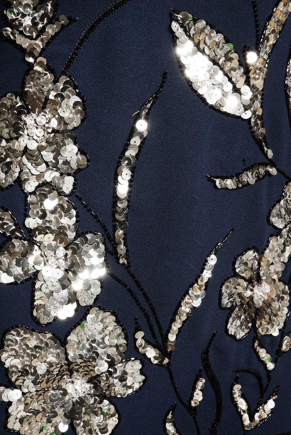 Naeem Khan EMBROIDERED JEWEL NECK CAP SLEEVE DRESS