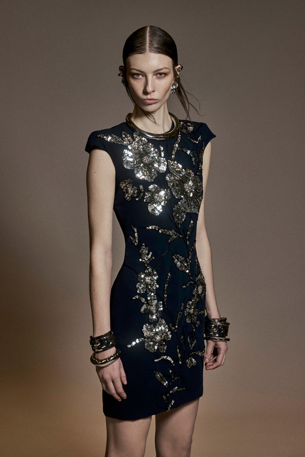 naeem khan EMBROIDERED JEWEL NECK CAP SLEEVE DRESS