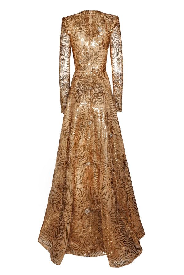 Naeem Khan EMBROIDERED JEWEL NECK LONG SLEEVE GOWN