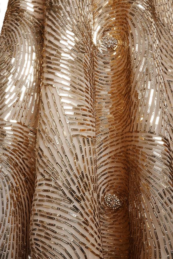 Naeem Khan EMBROIDERED JEWEL NECK LONG SLEEVE GOWN