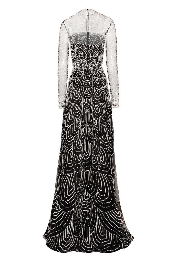 Naeem Khan EMBROIDERED JEWEL NECK LONG SLEEVE GOWN