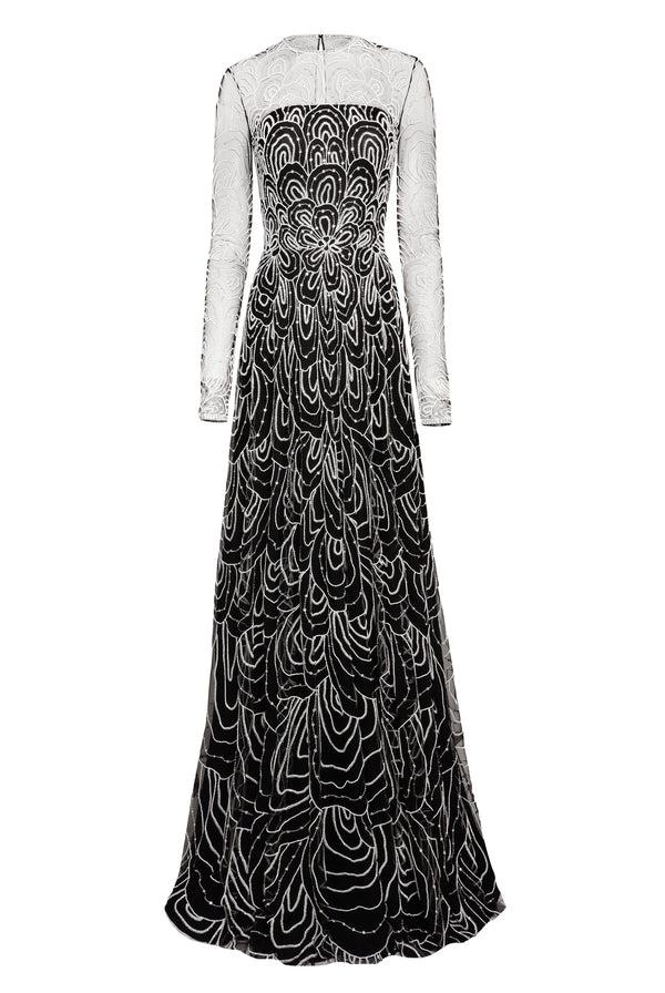 naeem khan EMBROIDERED JEWEL NECK LONG SLEEVE GOWN