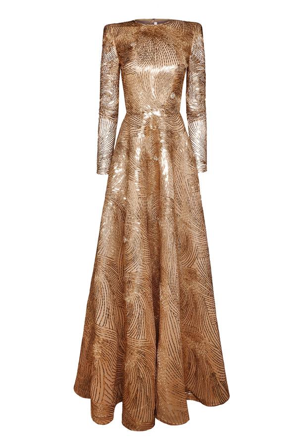 naeem khan EMBROIDERED JEWEL NECK LONG SLEEVE GOWN