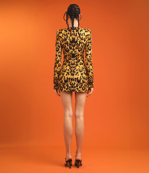 Naeem Khan EMBROIDERED LEOPARD LONG SLEEVE DRESS