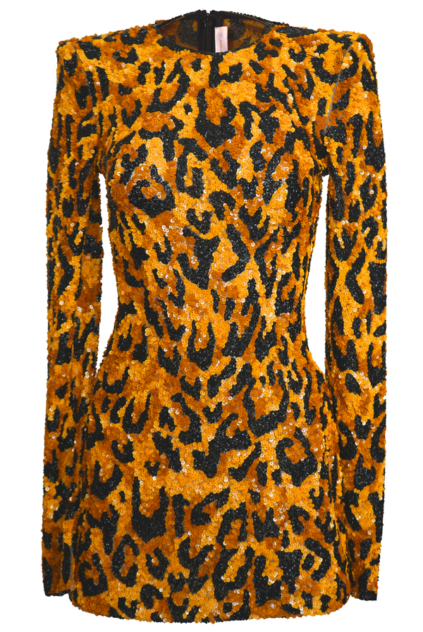 Naeem Khan EMBROIDERED LEOPARD LONG SLEEVE DRESS