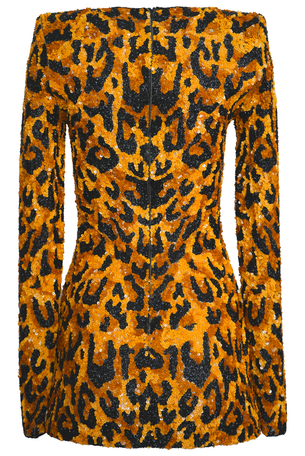 Naeem Khan EMBROIDERED LEOPARD LONG SLEEVE DRESS