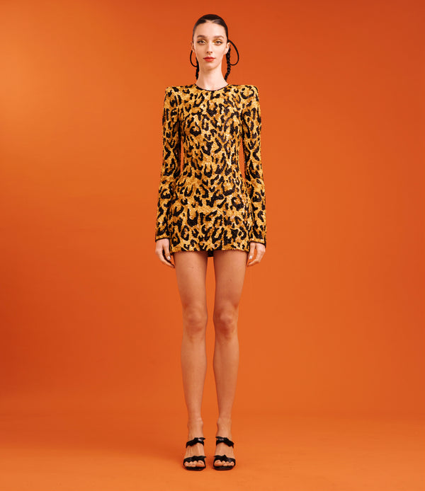 naeem khan EMBROIDERED LEOPARD LONG SLEEVE DRESS