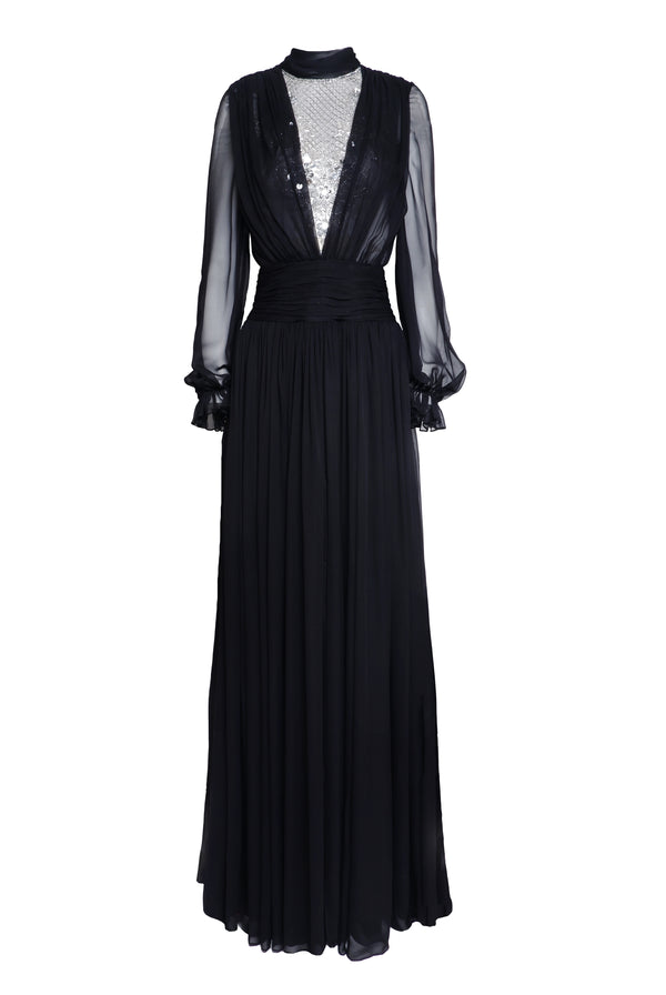 Naeem Khan Embroidered Long Sleeve Chiffon Gown
