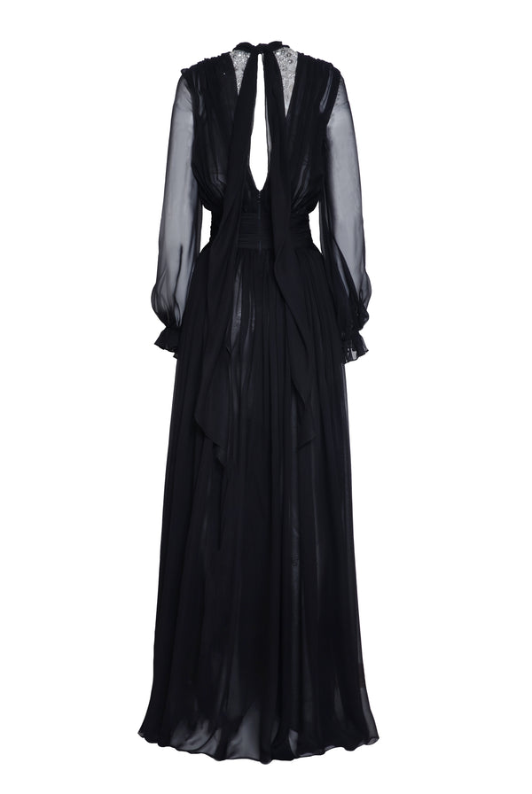 Naeem Khan Embroidered Long Sleeve Chiffon Gown