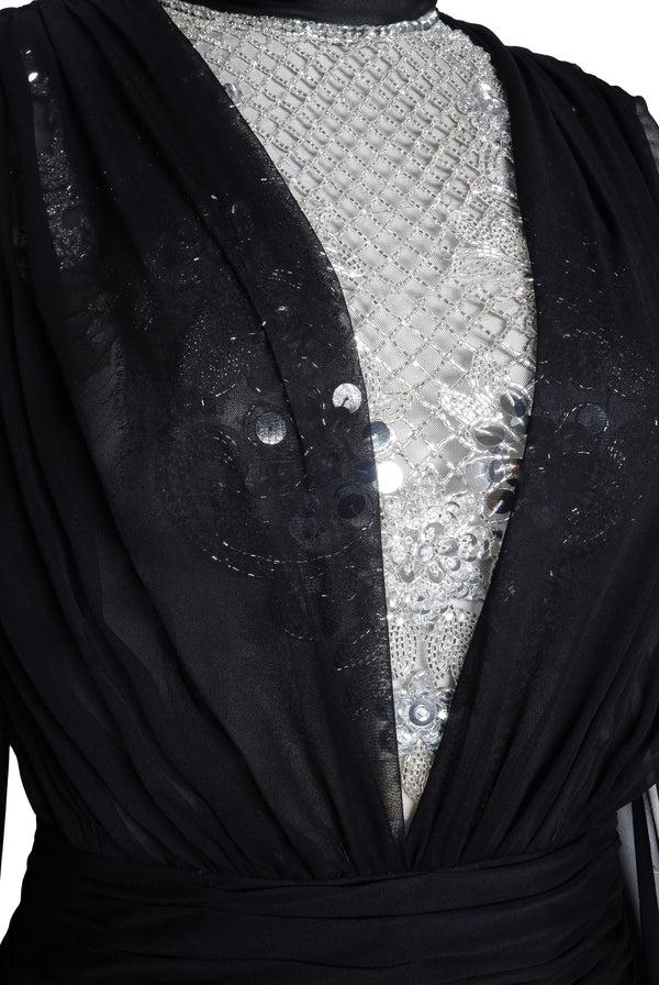 Naeem Khan Embroidered Long Sleeve Chiffon Gown