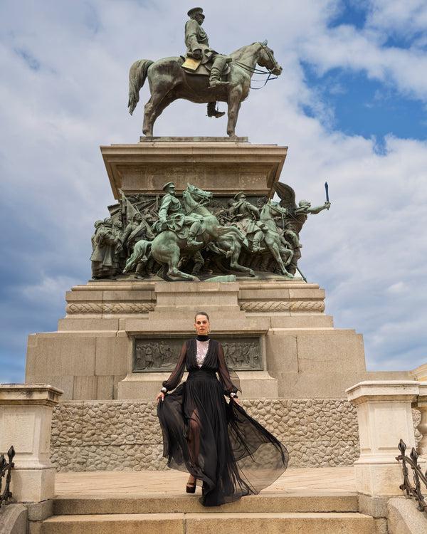 naeem khan Embroidered Long Sleeve Chiffon Gown