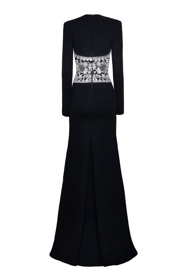 Naeem Khan Embroidered Long Sleeve V Neck Gown