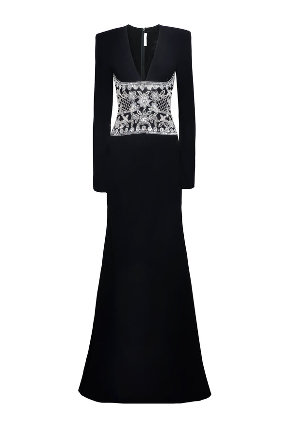 naeem khan Embroidered Long Sleeve V Neck Gown