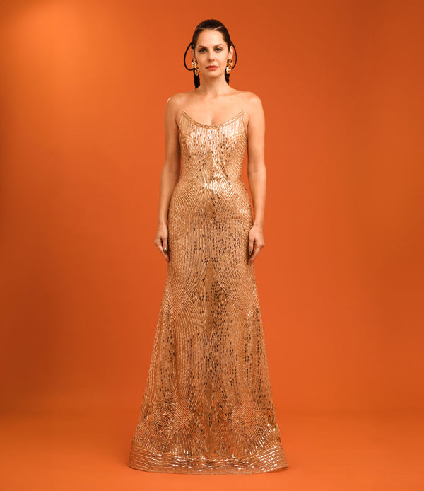 naeem khan Embroidered Scoop Neck Bustier Gown