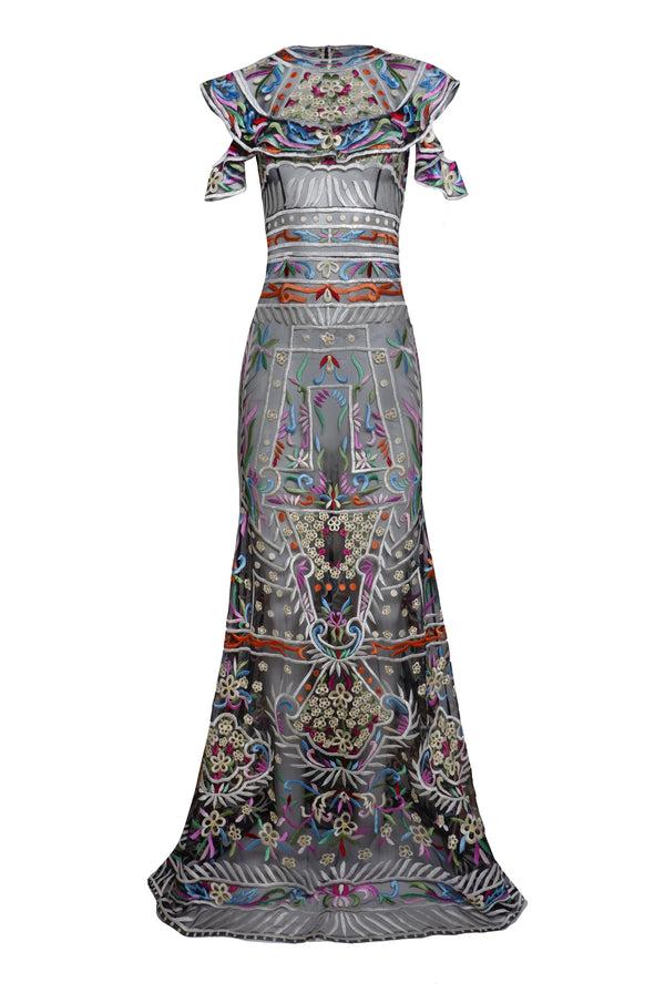 Naeem Khan Embroidered Short Sleeve Gown