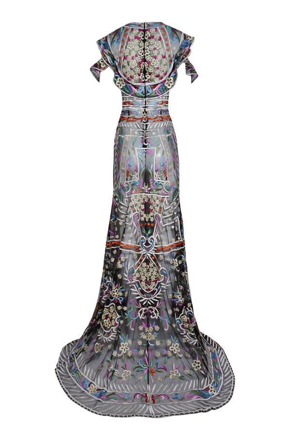 Naeem Khan Embroidered Short Sleeve Gown