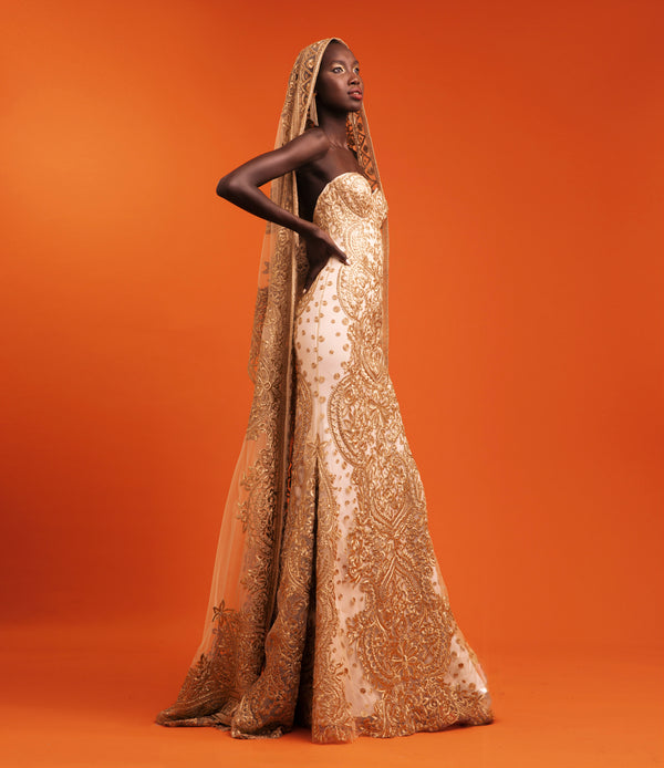 Naeem Khan EMBROIDERED STRAPLESS CORSET GOWN