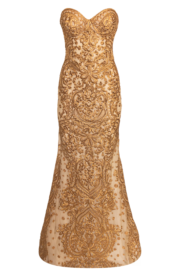 Naeem Khan EMBROIDERED STRAPLESS CORSET GOWN