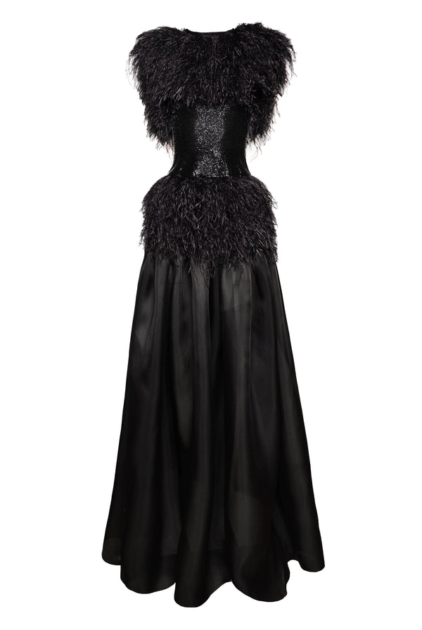 Naeem Khan FEATHER BODICE GOWN WITH BEADED BELT