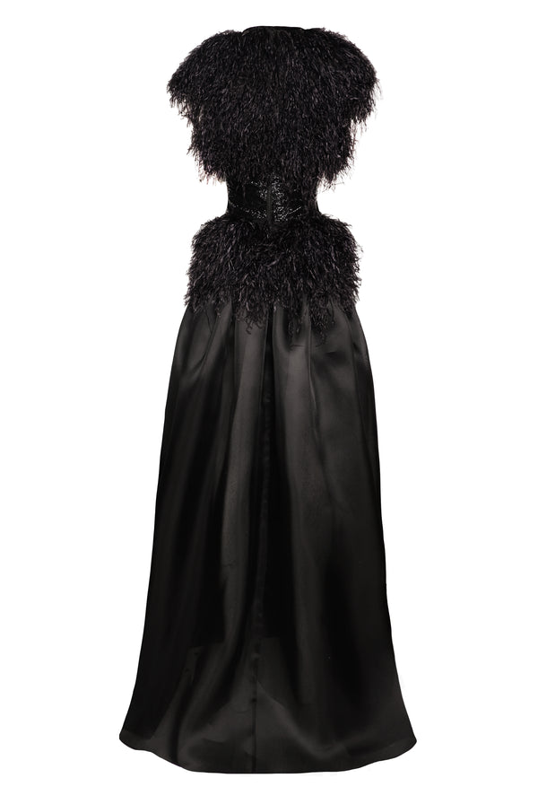 Naeem Khan FEATHER BODICE GOWN WITH BEADED BELT