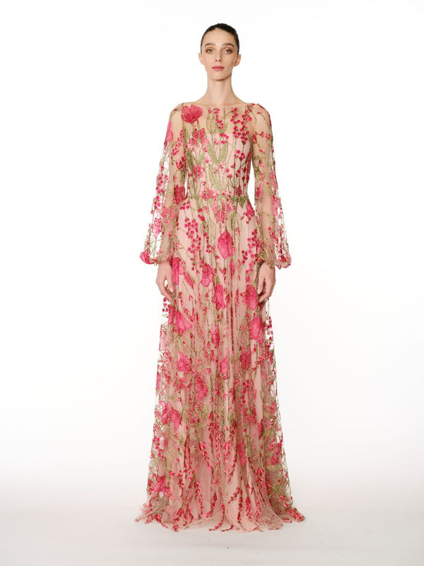 naeem khan FLORAL BOATNECK BLOUSON SLEEVE GOWN