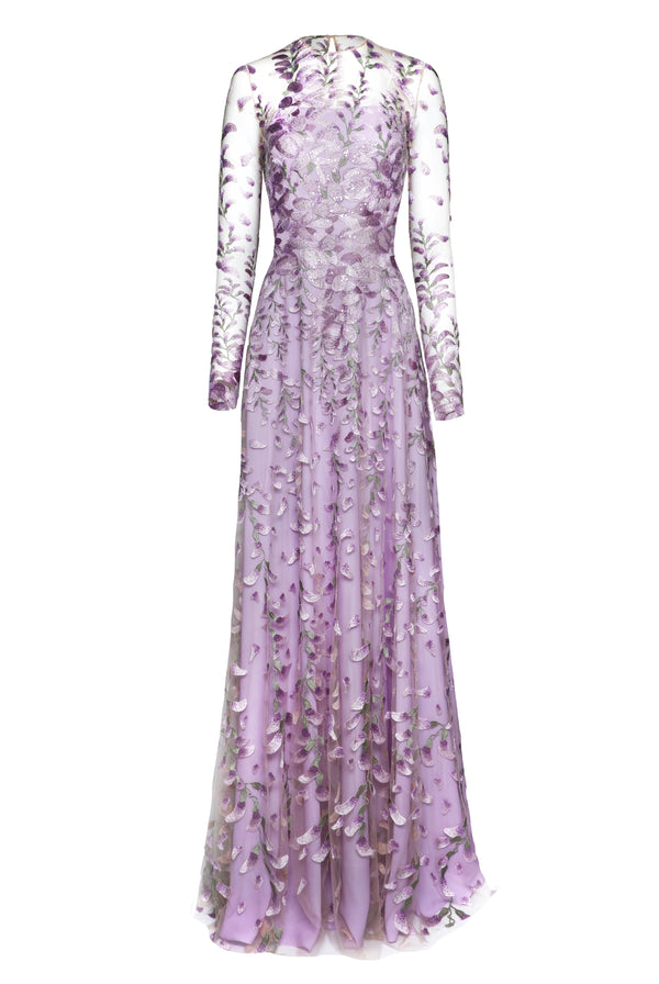 Naeem Khan FLORAL FULL SKIRT BLOUSON SLEEVES GOWN