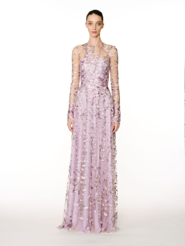 naeem khan FLORAL FULL SKIRT BLOUSON SLEEVES GOWN