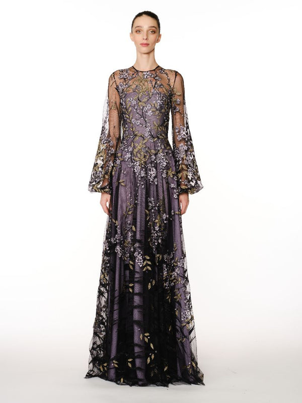 naeem khan FLORAL JEWEL NECK BLOUSON SLEEVE GOWN