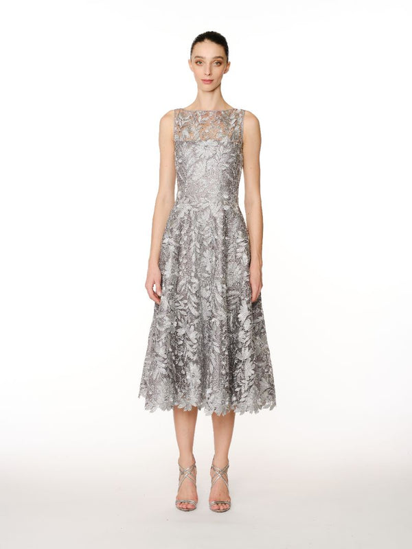 Naeem Khan FLORAL LACE BOATNECK TEA-LENGTH DRESS