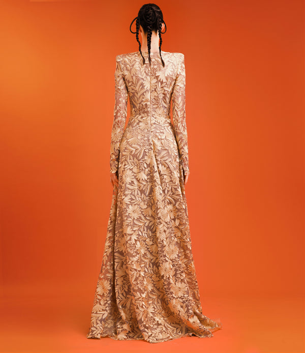 Naeem Khan FLORAL LACE LONG SLEEVE GOWN