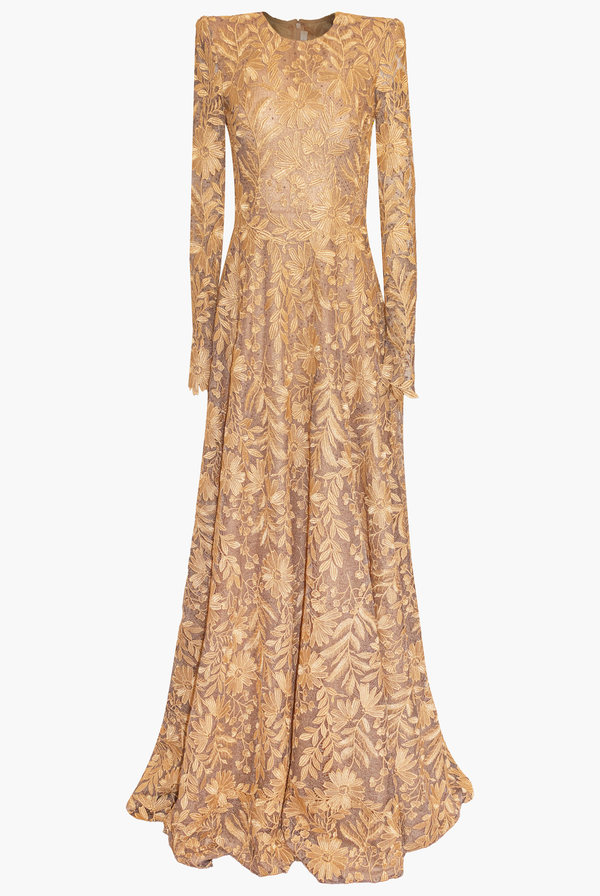 Naeem Khan FLORAL LACE LONG SLEEVE GOWN