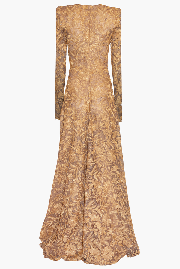 Naeem Khan FLORAL LACE LONG SLEEVE GOWN