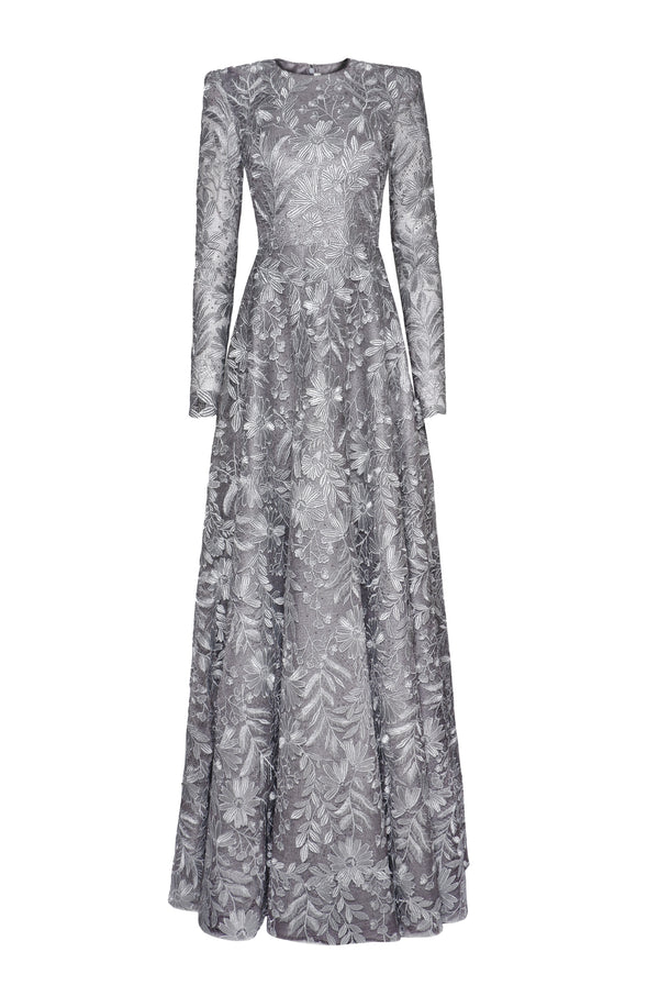 Naeem Khan FLORAL LACE LONG SLEEVE GOWN