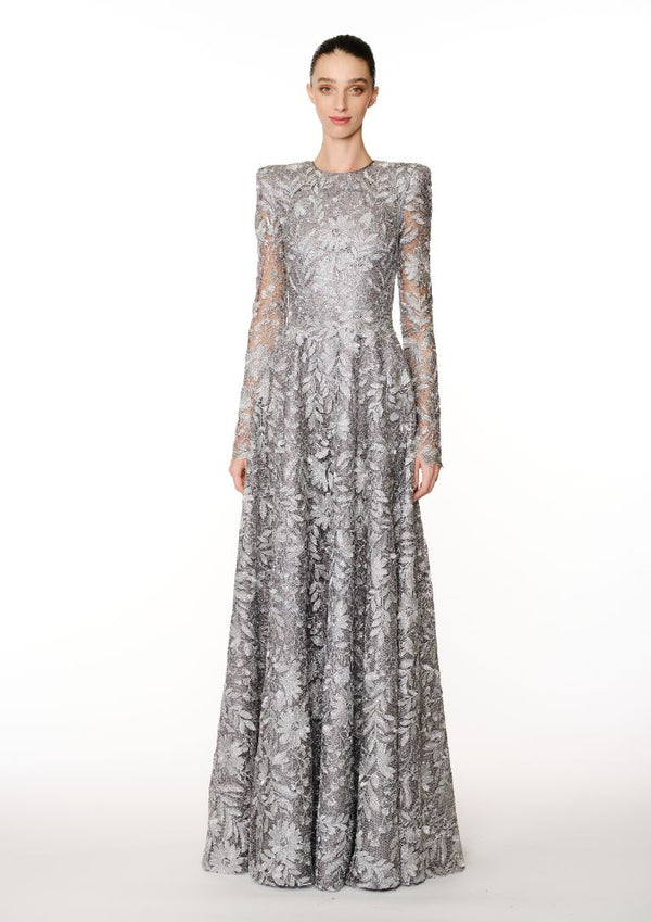 naeem khan FLORAL LACE LONG SLEEVE GOWN