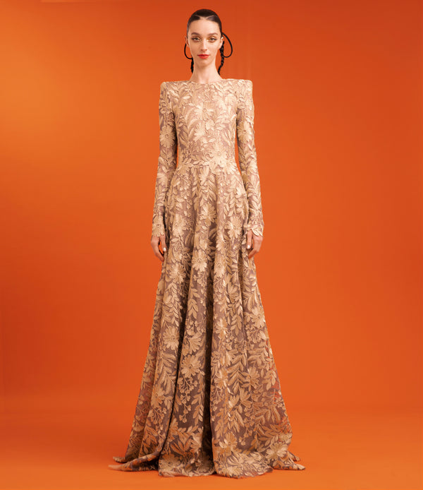 naeem khan FLORAL LACE LONG SLEEVE GOWN